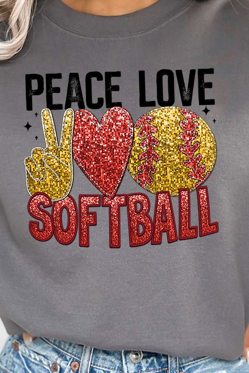 Faux Sequin Peace Love Softball Transfer Unisex NuBlend Crew Sweatshirt - Wholesale Accessory Market