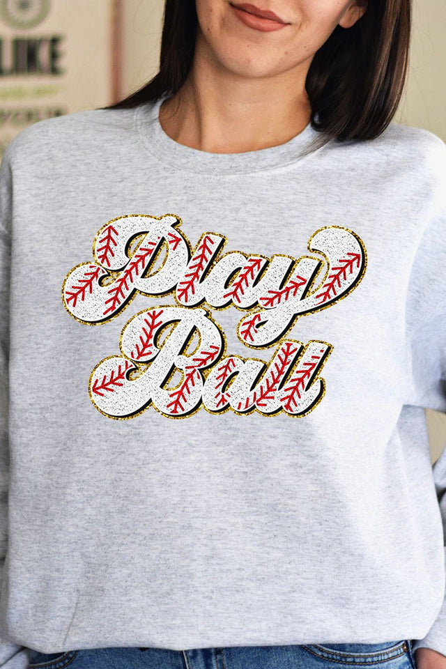 Play Ball Baseball Faux Chenille Patch Transfer Unisex NuBlend Crew Sweatshirt - Wholesale Accessory Market