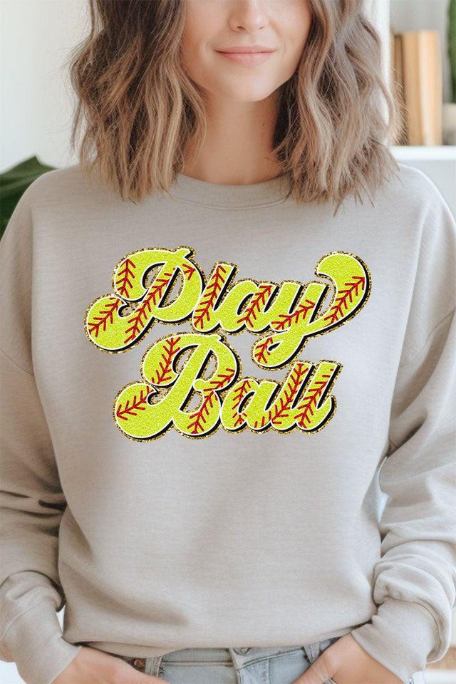 Play Ball Softball Faux Chenille Patch Transfer Unisex NuBlend Crew Sweatshirt - Wholesale Accessory Market