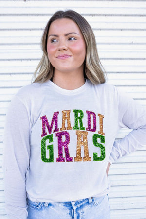 Mardi Gras Faux Sequin Embroidery Transfer Adult Soft-Tek Blend Long Sleeve Tee - Wholesale Accessory Market