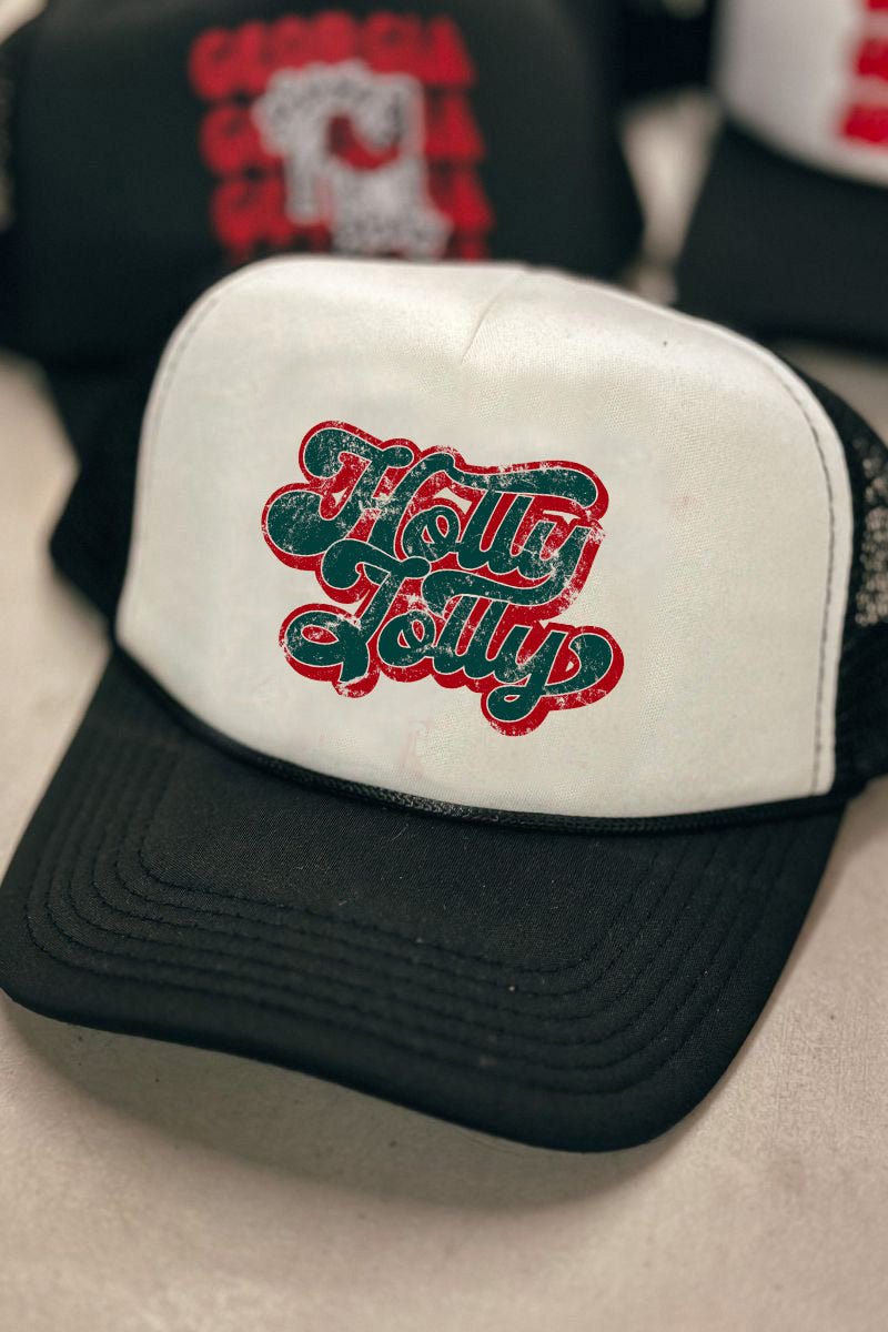 Distressed Groovy Holly Jolly Foam Mesh Back Trucker Cap - Wholesale Accessory Market