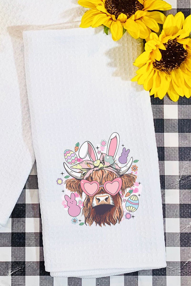 Bunny Hoppin' Highland Cow Waffle Kitchen Towel - Wholesale Accessory Market