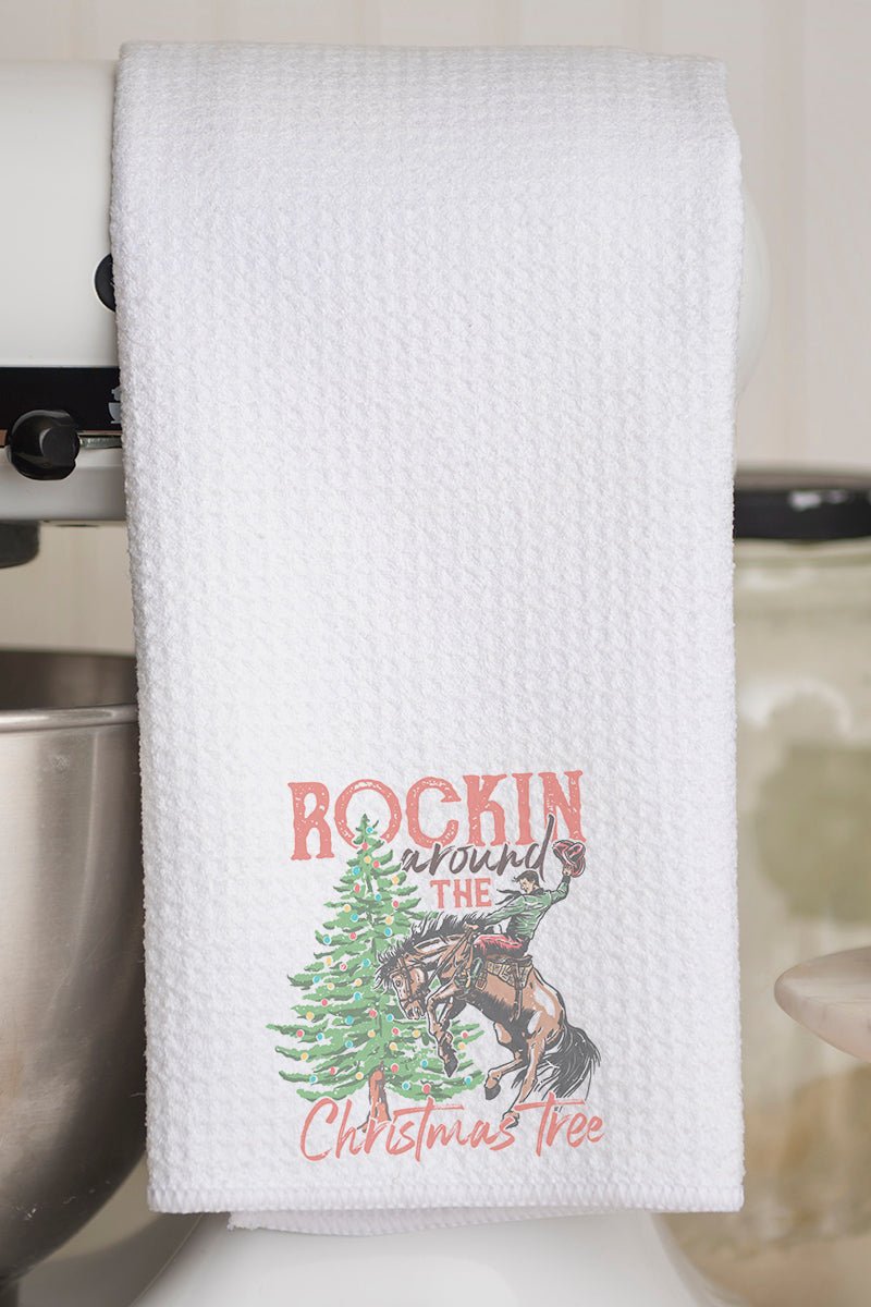 Cowboy Rockin' Around The Christmas Tree Waffle Kitchen Towel - Wholesale Accessory Market