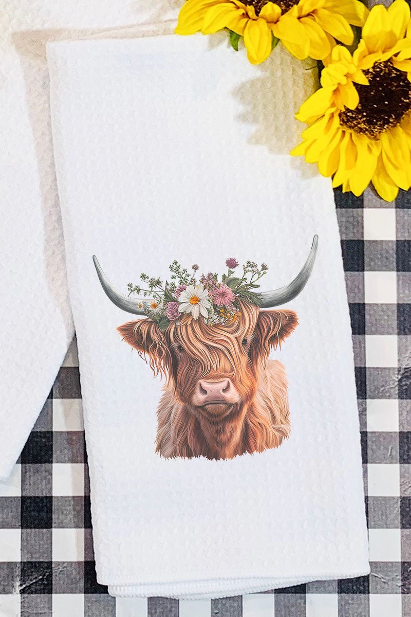 Daisy Highland Cow Waffle Kitchen Towel - Wholesale Accessory Market