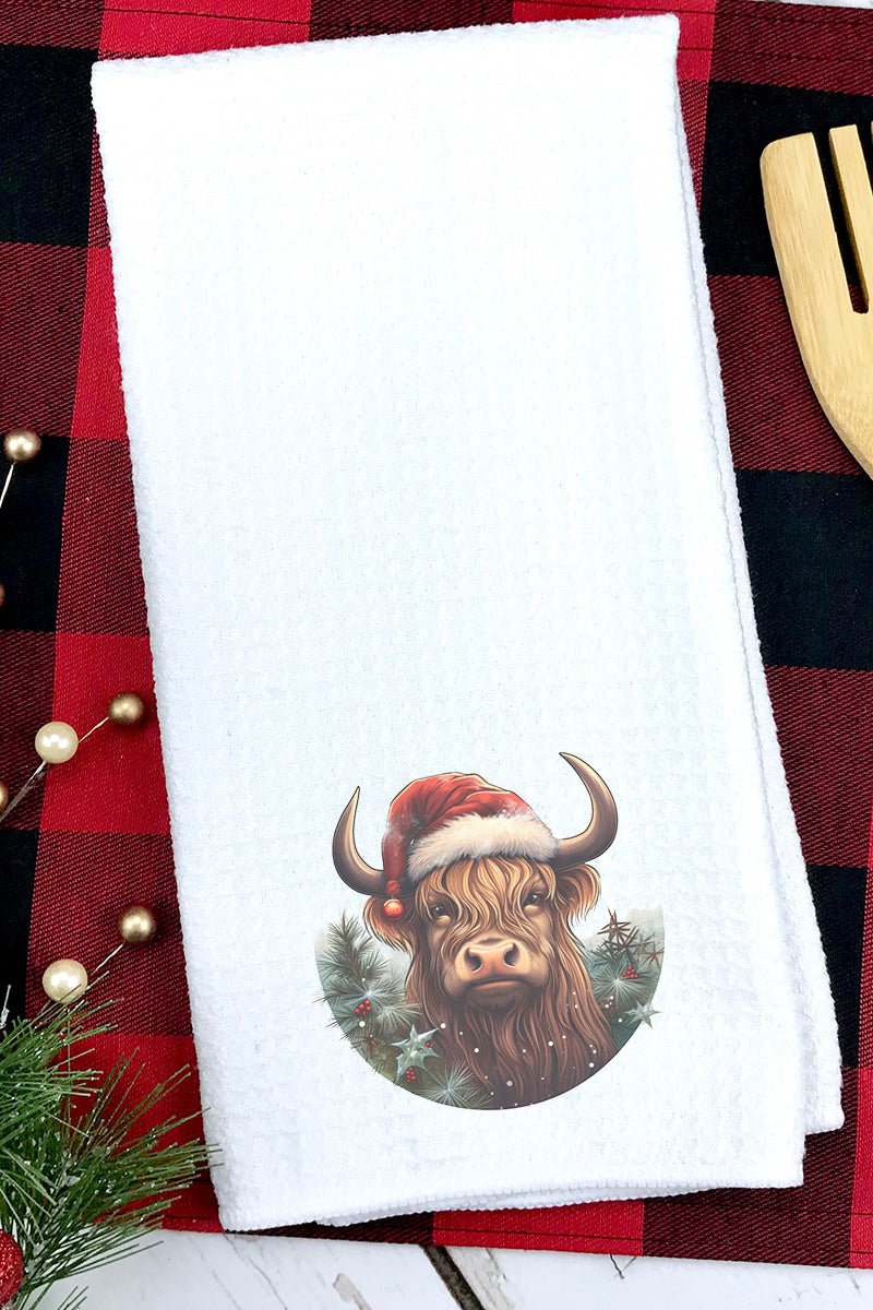 Holly Jolly Highland Cow Waffle Kitchen Towel - Wholesale Accessory Market