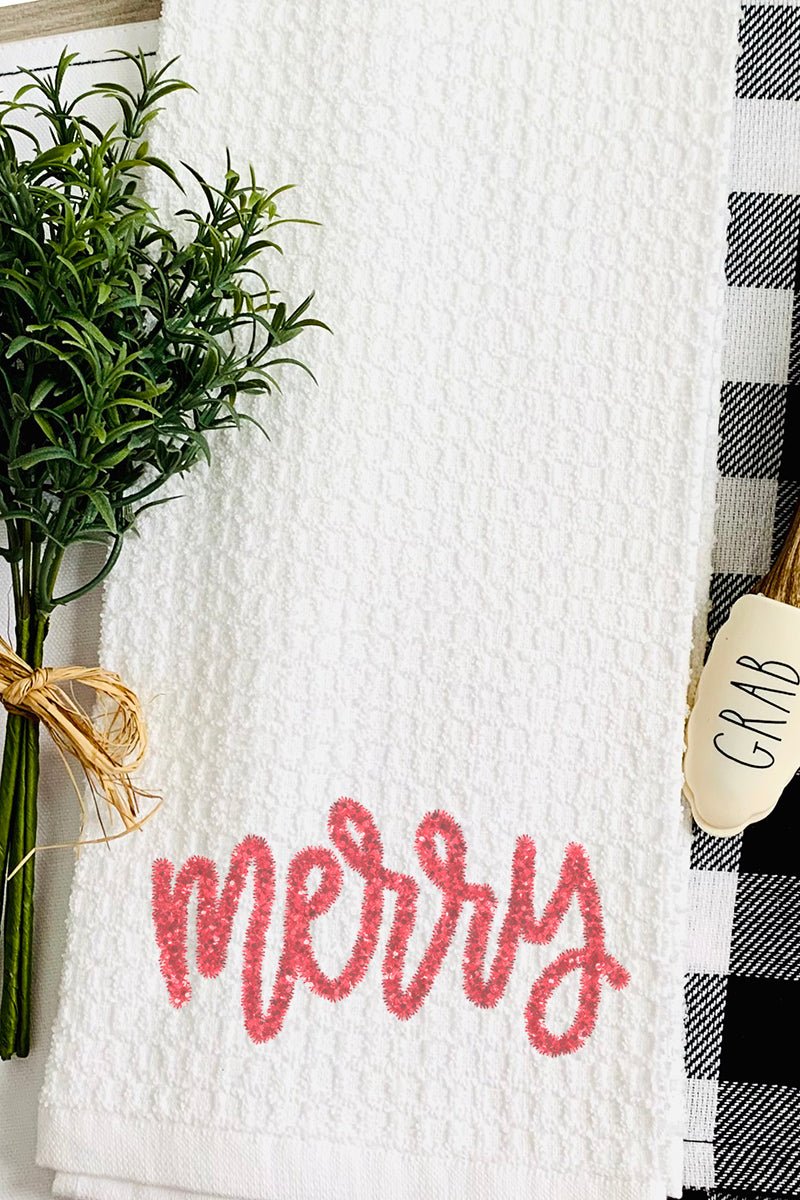 Merry Script Faux Tinsel Transfer Waffle Kitchen Towel - Wholesale Accessory Market