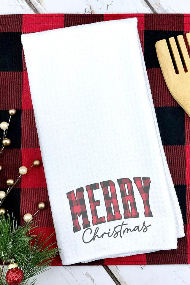 Red Buffalo Plaid Merry Christmas Waffle Kitchen Towel - Wholesale Accessory Market