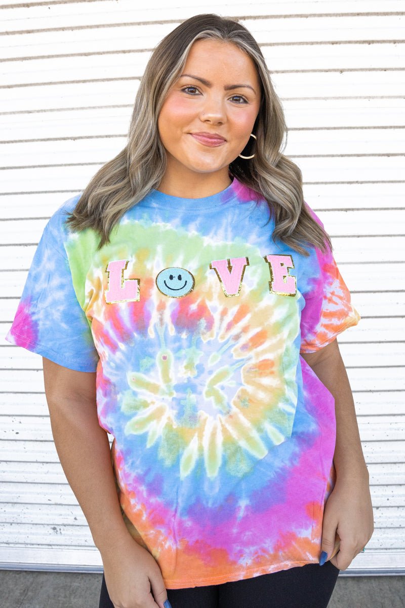 Love Smile Chenille Patch Tie Dye Tee - Wholesale Accessory Market