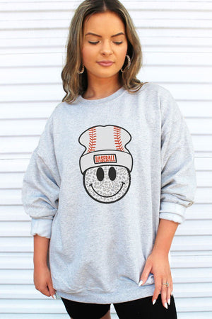 Beanie Baseball Happy Face Heavy-weight Crew Sweatshirt - Wholesale Accessory Market