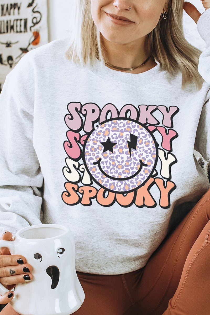 Happy Face Stacked Spooky Heavy-weight Crew Sweatshirt - Wholesale Accessory Market