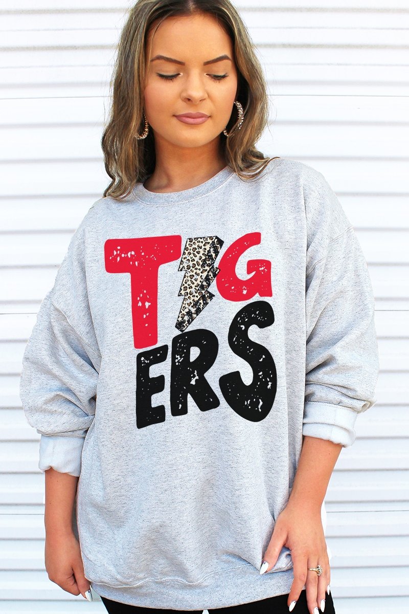 Red Black Tigers Lightning Heavy-weight Crew Sweatshirt - Wholesale Accessory Market