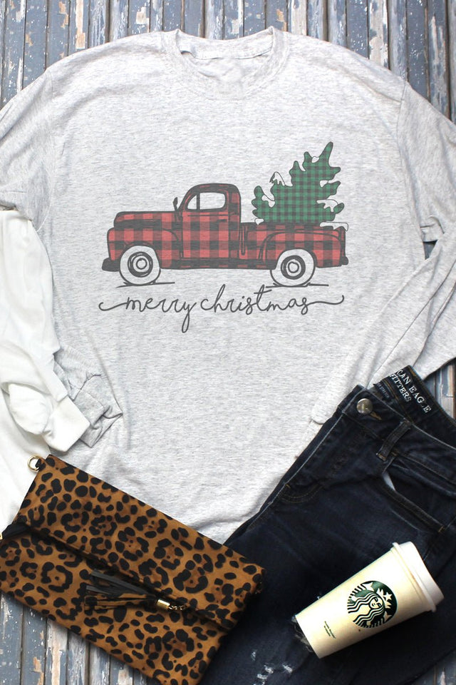 Merry Christmas Buffalo Plaid Truck Unisex Dri-Power Long-Sleeve 50/50 Tee - Wholesale Accessory Market