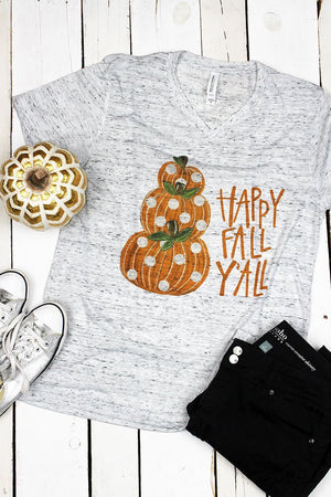 Stacked Pumpkin Happy Fall Y'all Unisex V-Neck Tee - Wholesale Accessory Market