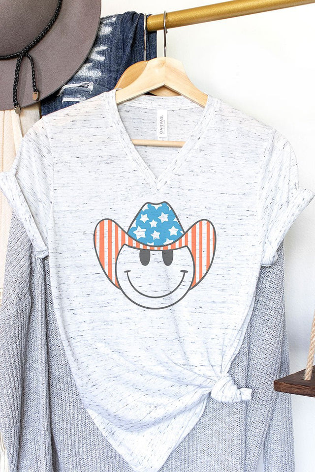 Patriotic Cowboy Happy Face Unisex V-Neck Tee - Wholesale Accessory Market