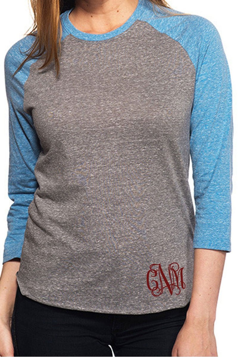 Threadfast Unisex Triblend 3/4-Sleeve Raglan, Gray/Royal Triblend *Personalize It - Wholesale Accessory Market