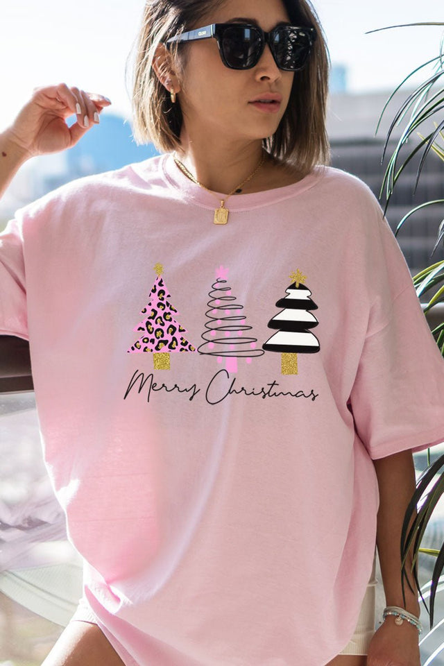 3 Pink Trees Merry Christmas Short Sleeve Relaxed Fit T-Shirt - Wholesale Accessory Market