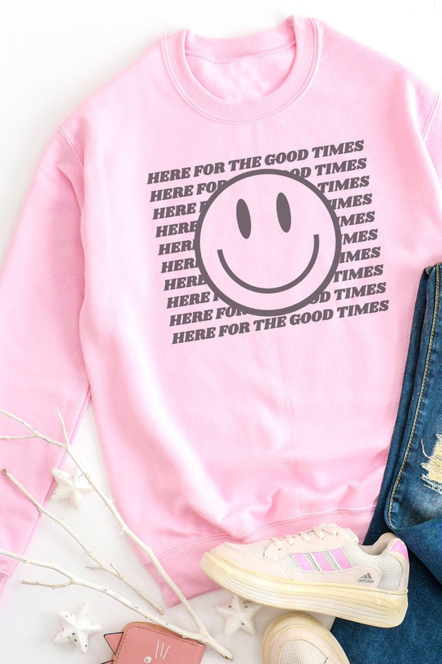 Here For The Good Times Happy Face Unisex NuBlend Crew Sweatshirt - Wholesale Accessory Market