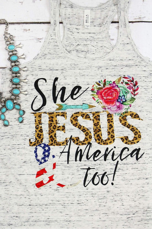 Leopard Jesus & America Too Women's Flowy Racerback Tank - Wholesale Accessory Market