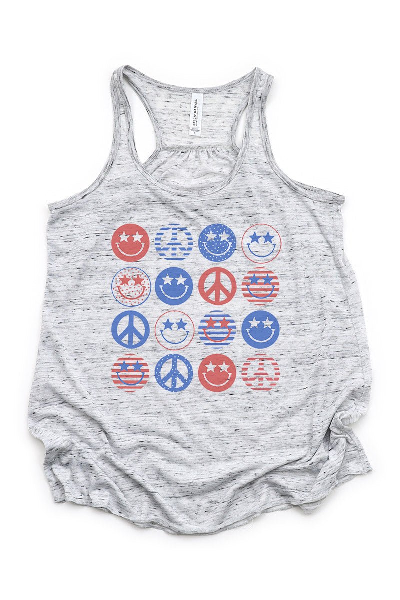 4th Of July Happy Faces Flowy Racerback Tank - Wholesale Accessory Market