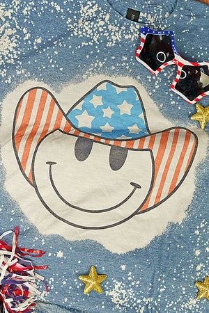 Bleached Patriotic Cowboy Happy Face Softstyle Adult T-Shirt - Wholesale Accessory Market