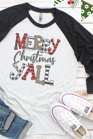 Doodle Merry Christmas Y'all Tri-Blend Unisex 3/4 Raglan - Wholesale Accessory Market