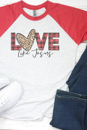 Buffalo Plaid Love Like Jesus Tri-Blend Unisex 3/4 Raglan - Wholesale Accessory Market