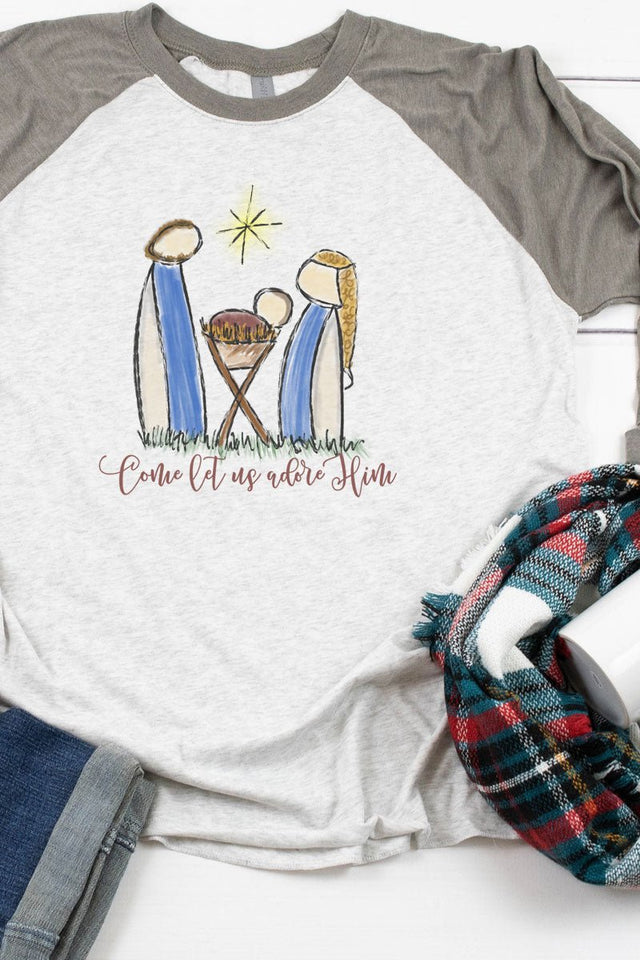 Come Let Us Adore Nativity Tri-Blend Unisex 3/4 Raglan - Wholesale Accessory Market