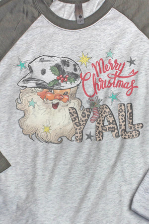 Santa Merry Christmas Y'all Tri-Blend Unisex 3/4 Raglan - Wholesale Accessory Market