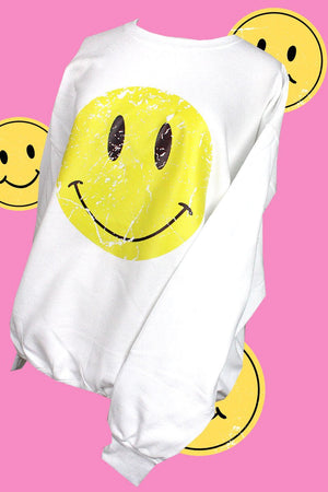 Distressed Happy Face Ecosmart Crewneck Sweatshirt - Wholesale Accessory Market