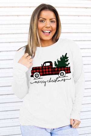 Merry Christmas Buffalo Plaid Truck Adult Soft-Tek Blend Long Sleeve Tee - Wholesale Accessory Market