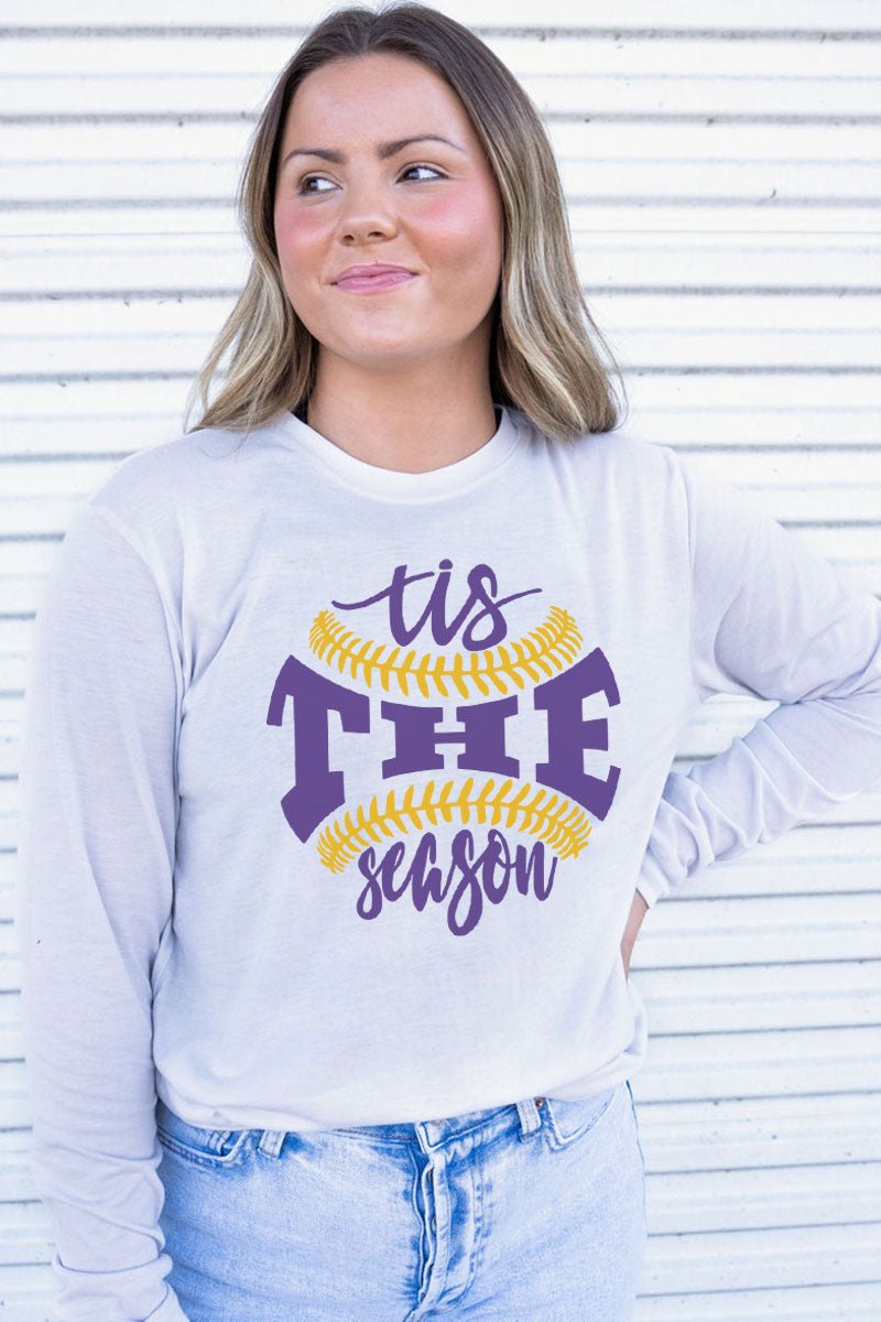 Tis The Season Baseball Purple and Gold Adult Soft-Tek Blend Long Sleeve Tee - Wholesale Accessory Market