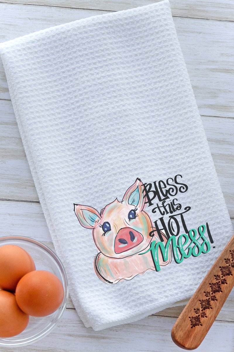 Bless This Hot Mess Pig Waffle Kitchen Towel - Wholesale Accessory Market