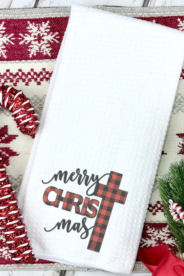 Cross Merry Christmas Buffalo Plaid Waffle Kitchen Towel - Wholesale Accessory Market