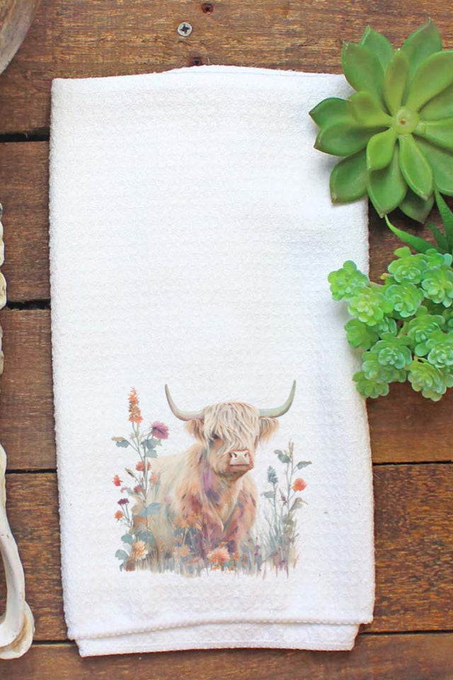 Floral Highland Cow Waffle Kitchen Towel - Wholesale Accessory Market