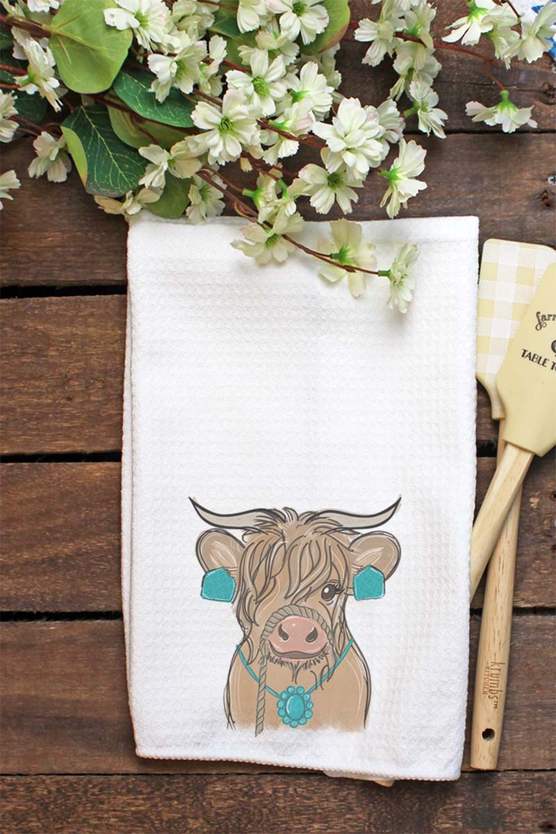 Fancy Turquoise Cow Waffle Kitchen Towel - Wholesale Accessory Market