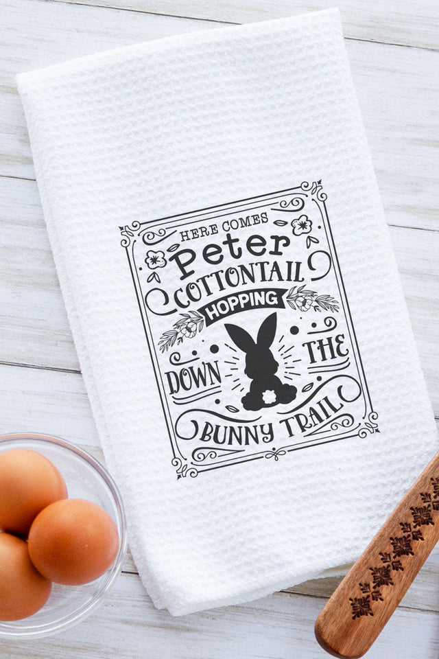 Here Comes Peter Cottontail Waffle Kitchen Towel - Wholesale Accessory Market