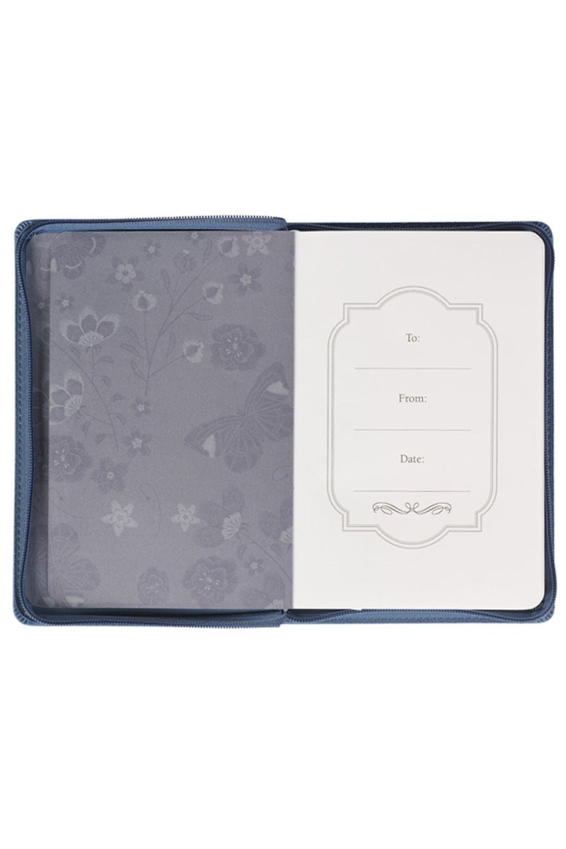 Be Still Floral Embroidered Blue LuxLeather Zippered Journal - Wholesale Accessory Market