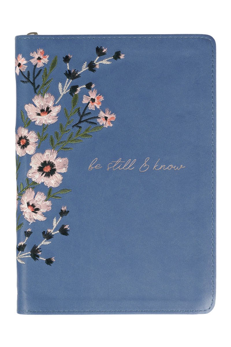 Be Still Floral Embroidered Blue LuxLeather Zippered Journal - Wholesale Accessory Market