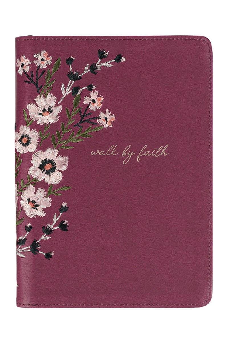 Walk By Faith Floral Embroidered Beet LuxLeather Zippered Journal - Wholesale Accessory Market