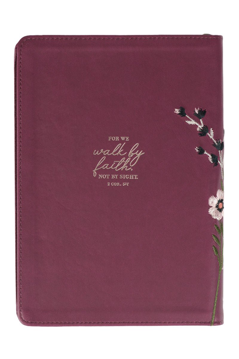 Walk By Faith Floral Embroidered Beet LuxLeather Zippered Journal - Wholesale Accessory Market