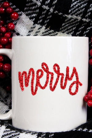 Merry Script Faux Tinsel Transfer White Mug - Wholesale Accessory Market