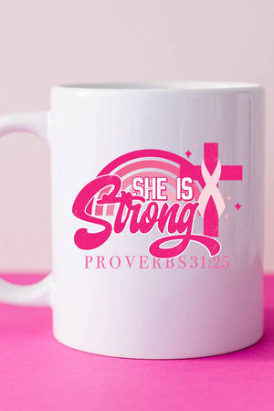 She Is Strong Pink Ribbon White Mug - Wholesale Accessory Market