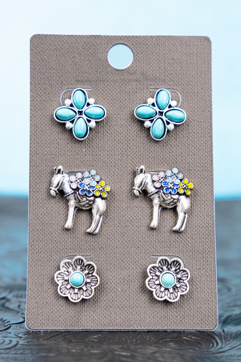 Eldorado Turquoise and Silvertone Earrings 3 Pair Set - Wholesale Accessory Market