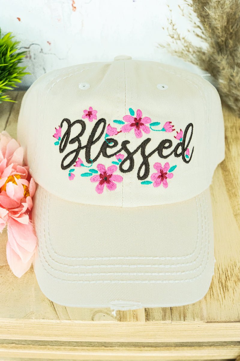 Distressed Stone 'Blessed' Floral Cap