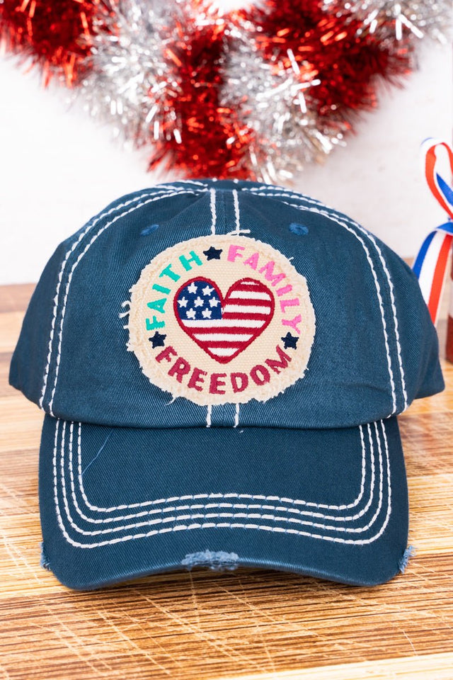 Distressed Blue 'Faith Family Freedom' Flag Heart Cap - Wholesale Accessory Market