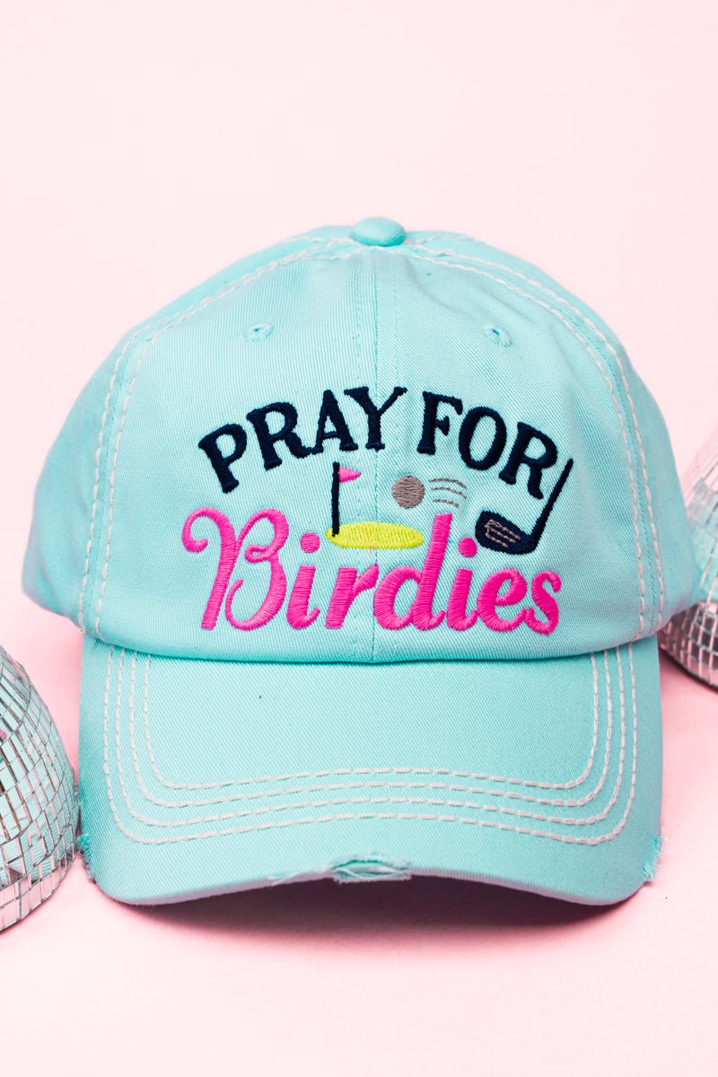 Distressed Mint Blue 'Pray For Birdies' Cap - Wholesale Accessory Market