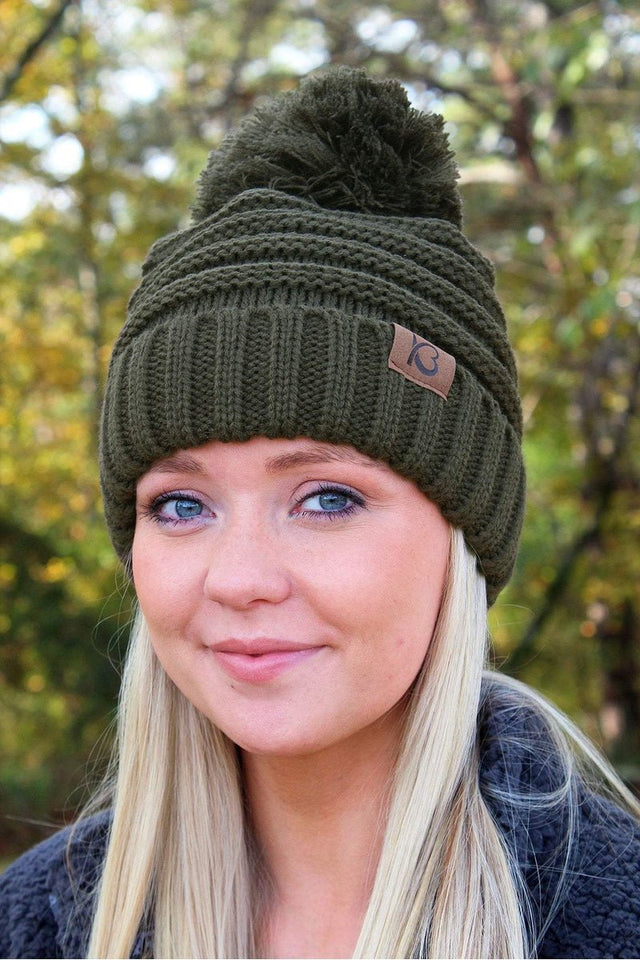 Snowball Fight Pom Pom Beanie, Olive - Wholesale Accessory Market