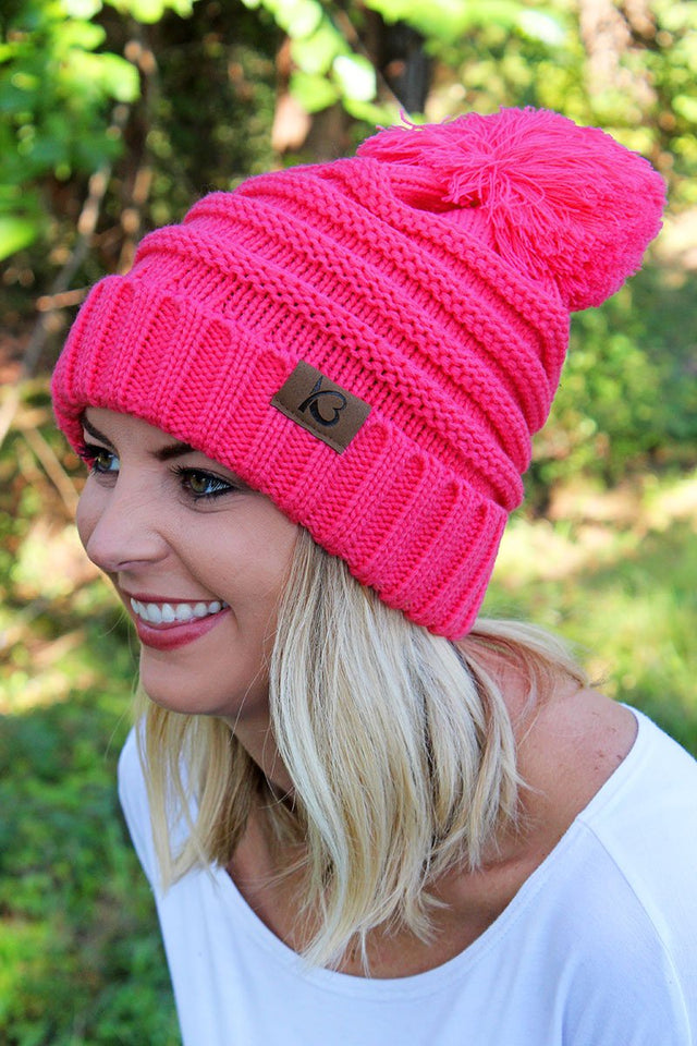 Snowball Fight Pom Pom Beanie, Pink - Wholesale Accessory Market