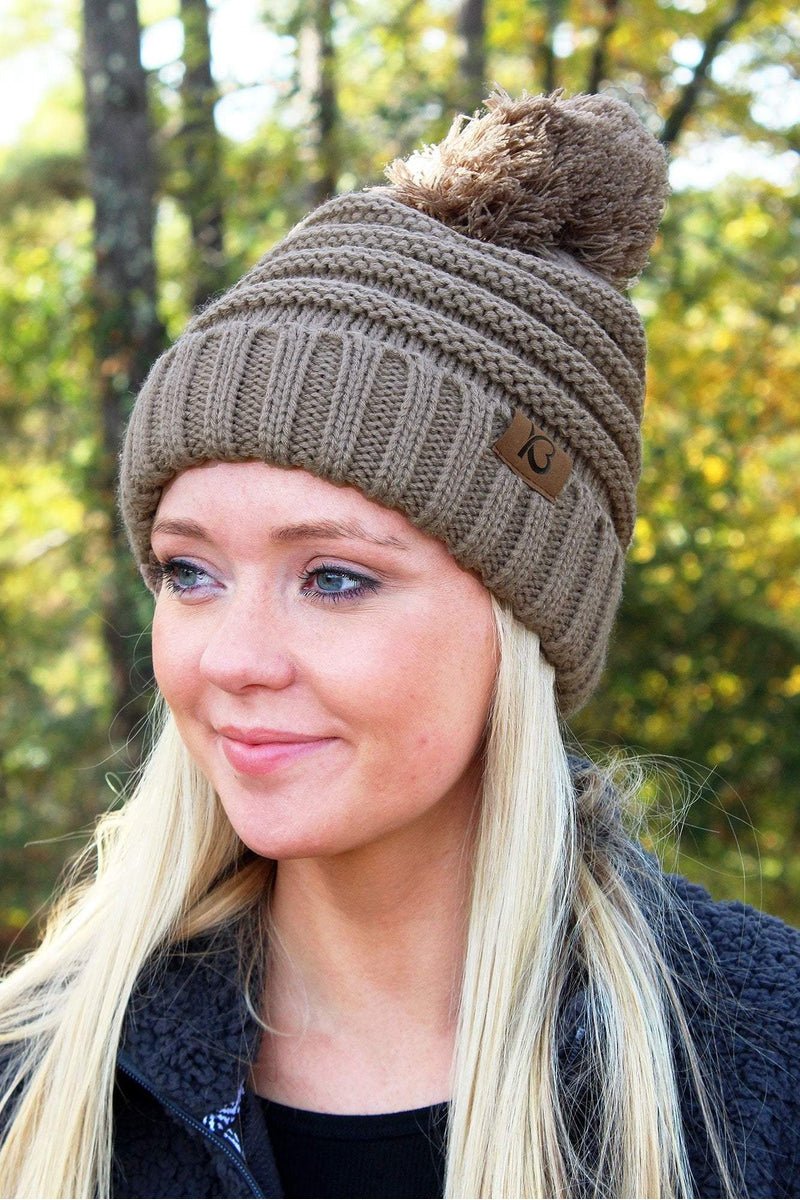 Snowball Fight Pom Pom Beanie, Taupe - Wholesale Accessory Market