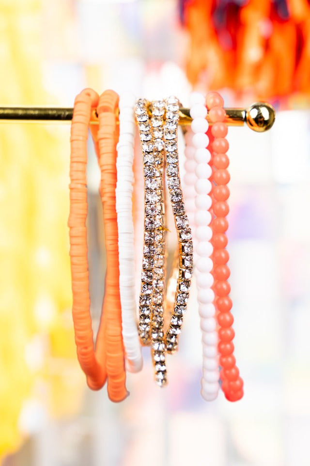 Own The Game Orange and White Beaded Bracelet Set - Wholesale Accessory Market